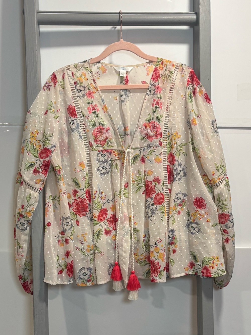 Cottagecore tie-Front Blouse, embroidery/Crosstitch, Bohemian,renaissance,hippie